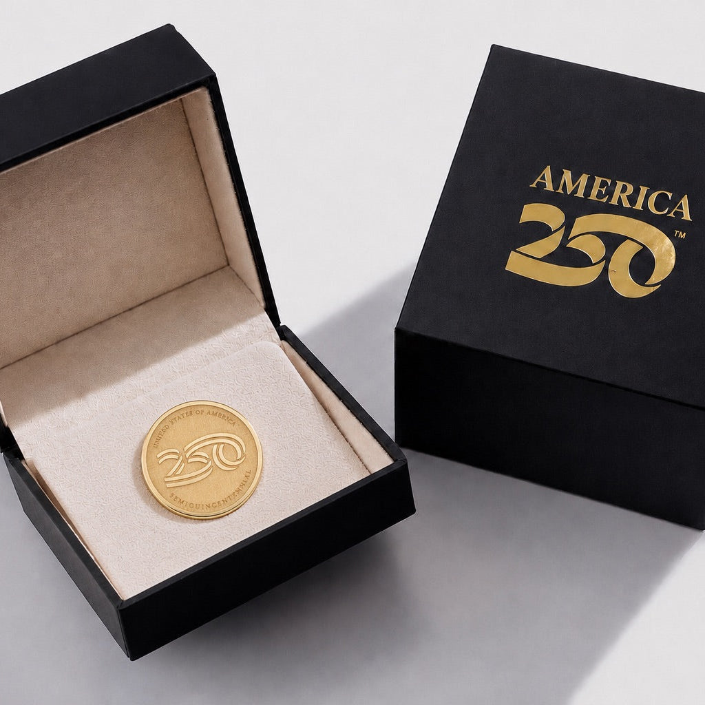 Official America250™ commemorative gold lapel pin featuring patriotic design and anniversary branding for America&