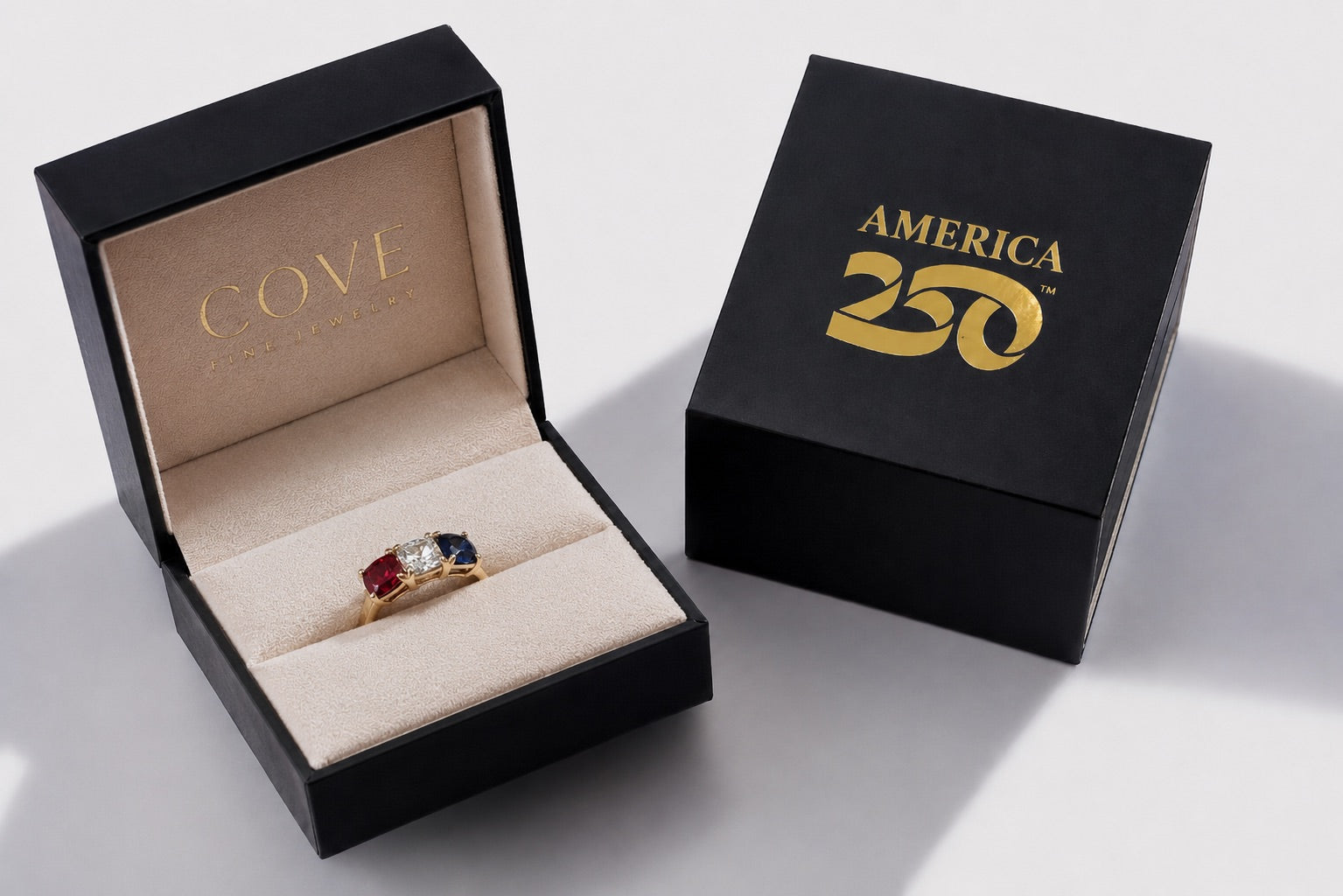 Luxury America250™ jewelry packaging by Cove Fine Jewelry, official licensed commemorative jewelry collection.