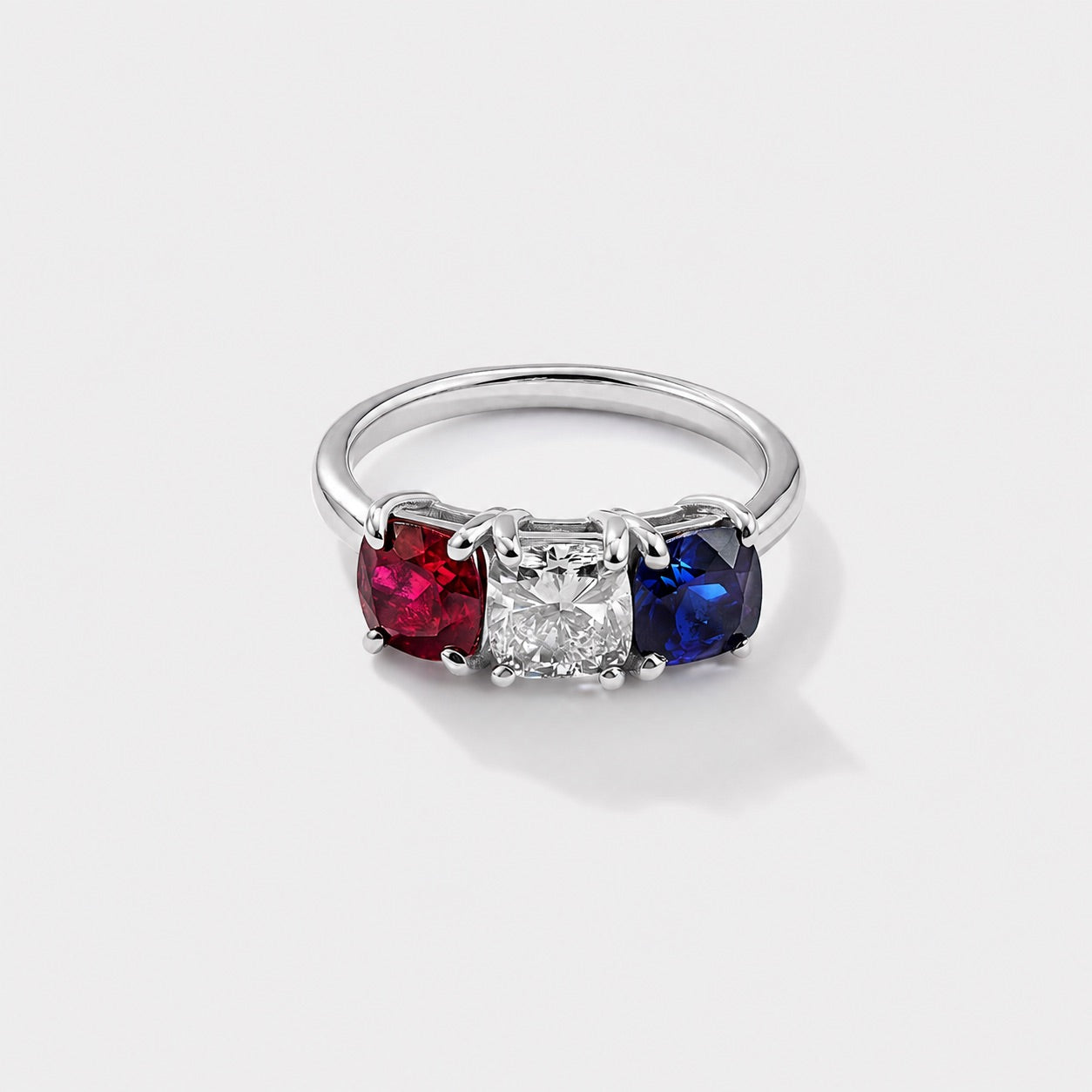 Official America250™ white gold ring with ruby, sapphire, and diamond pavé design, commemorating America&