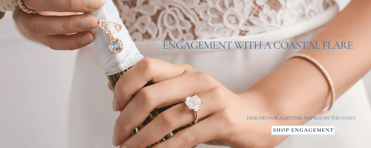 Bride wearing a Cove Fine Jewelry lab-grown diamond engagement ring, inspired by the coast.