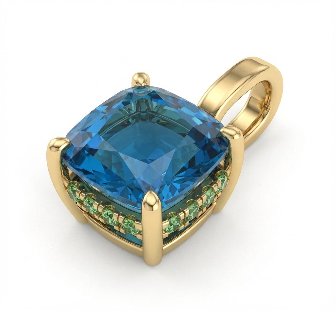 Hydrangea Pendant | 14k London Blue topaz and Lab Grown Green Diamonds