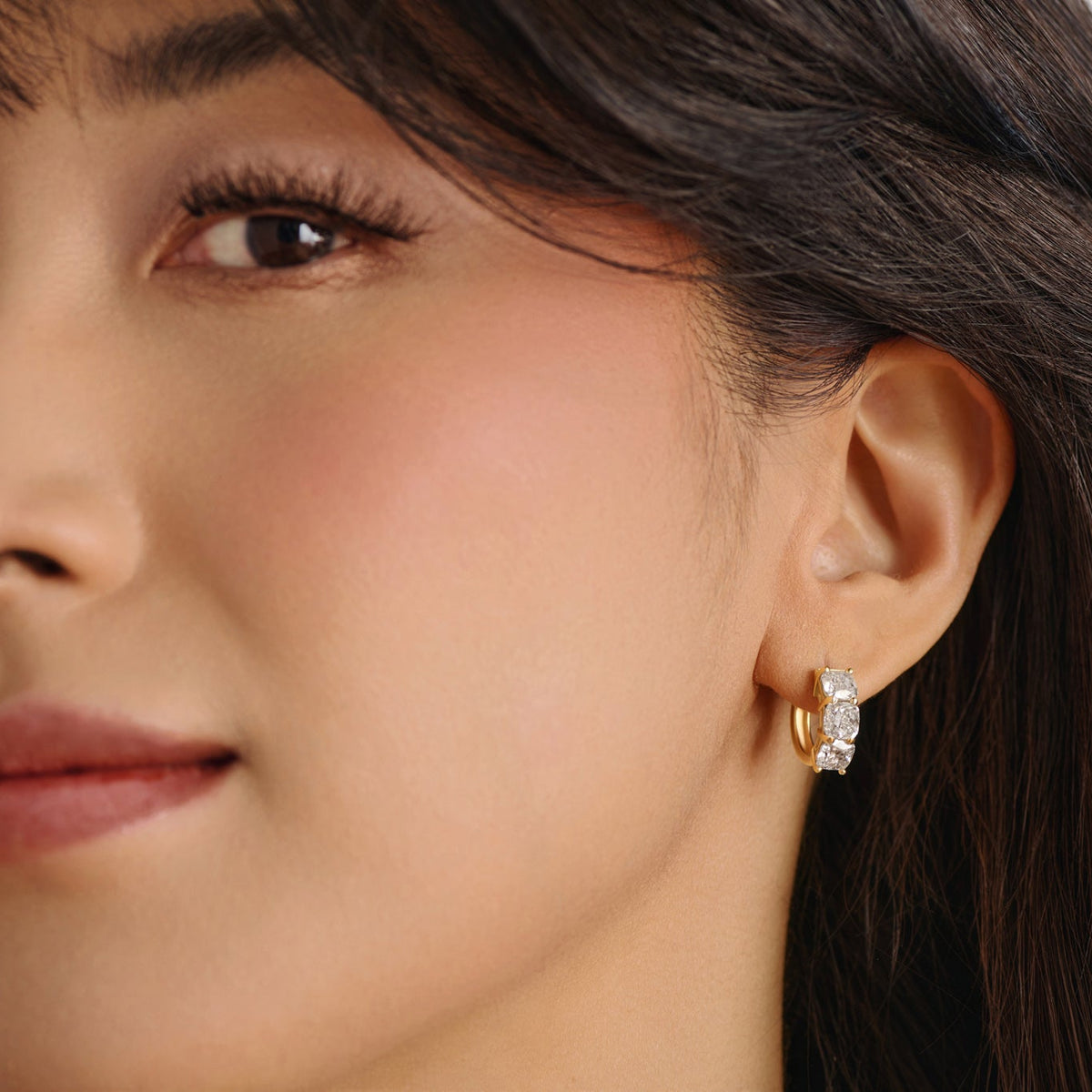 cushion cut lab grown diamond hoop earrings in solid 14k gold