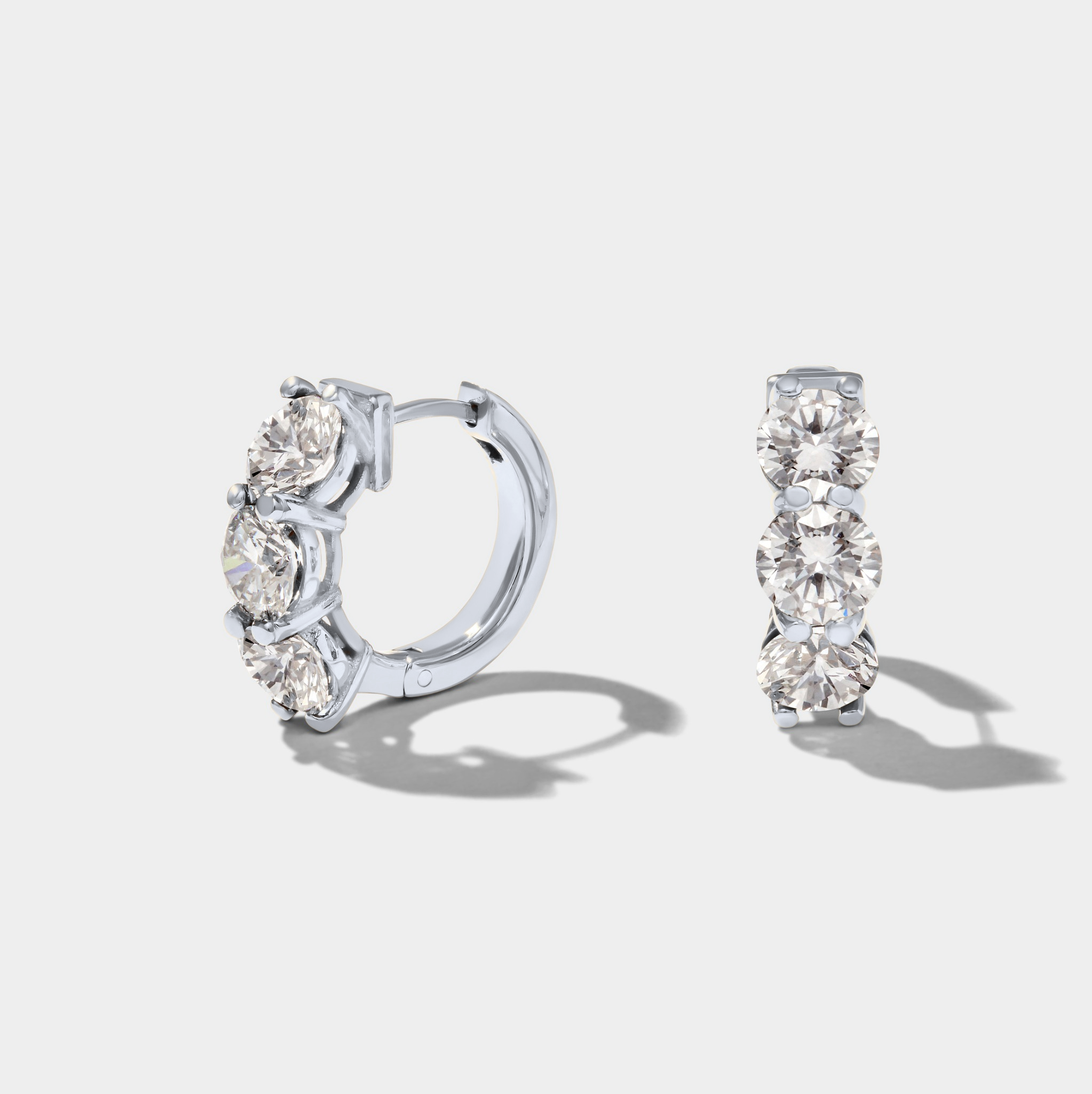 White Gold three stone round diamond hoop earrings with lab grown diamonds