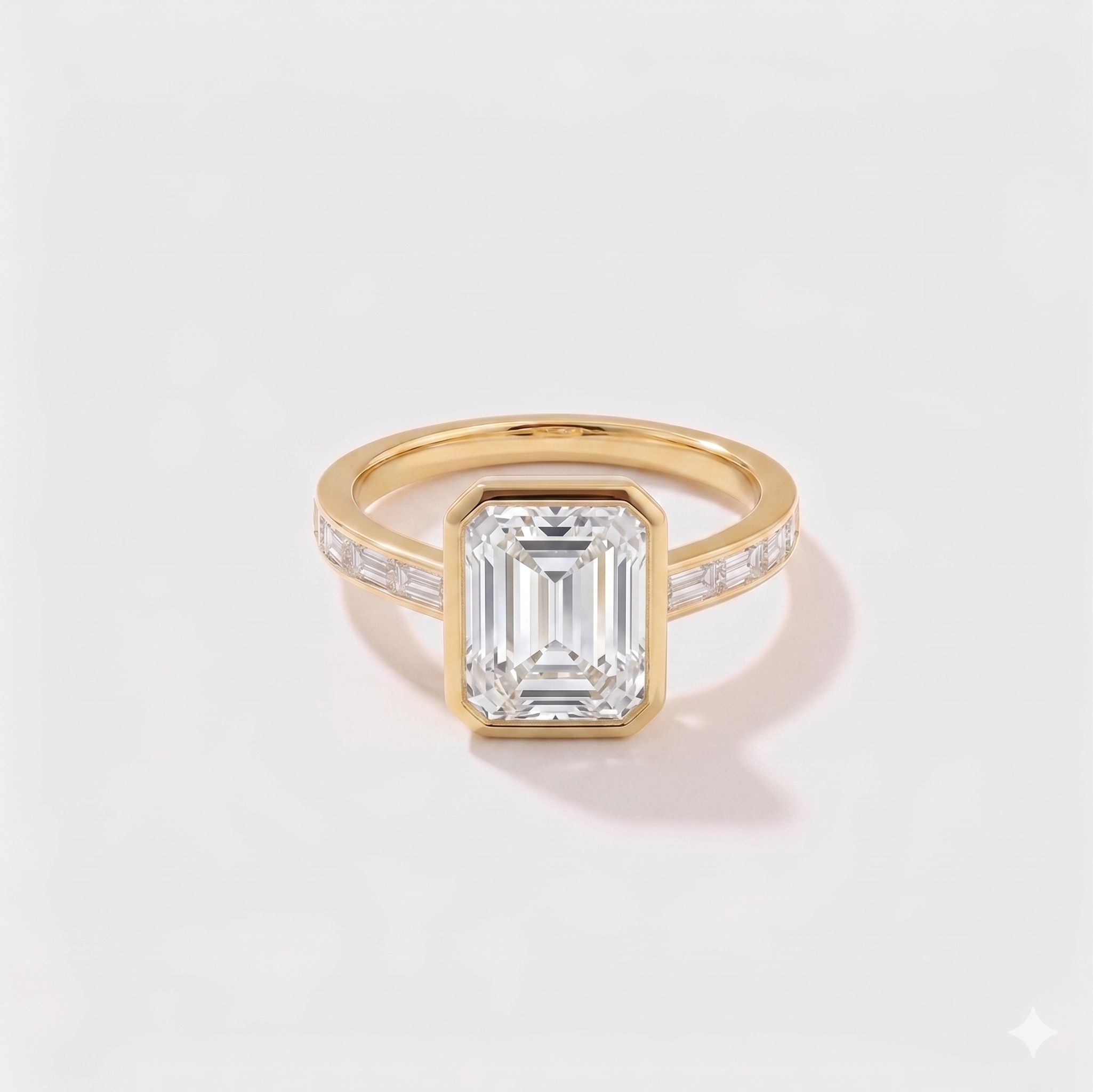 Emerald cut channel set solitaire lab-grown diamond engagement ring in 14K yellow gold by Cove Fine Jewelry