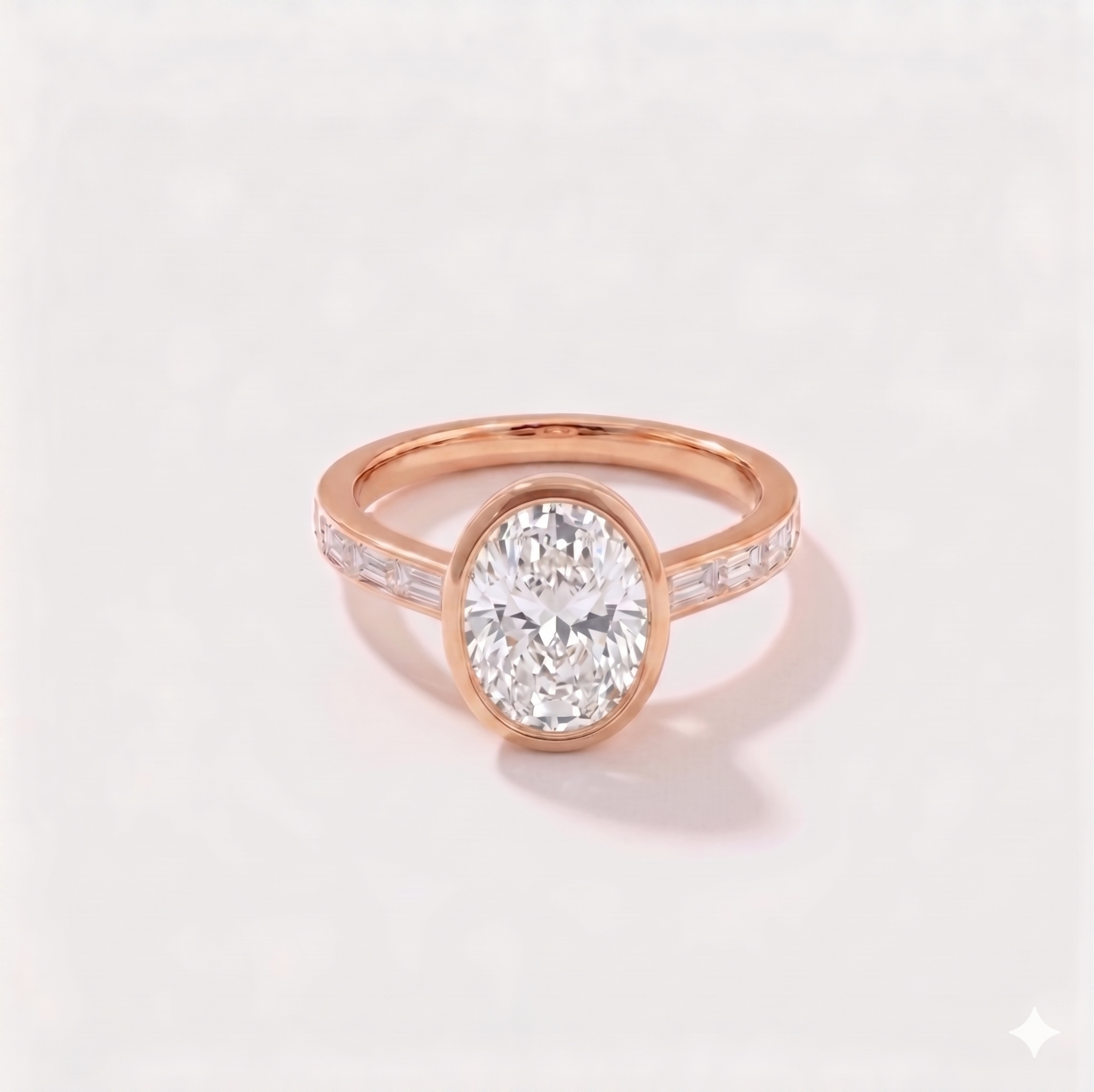 Oval bezel-channel set solitaire lab-grown diamond engagement ring in 14K rose gold by Cove Fine Jewelry