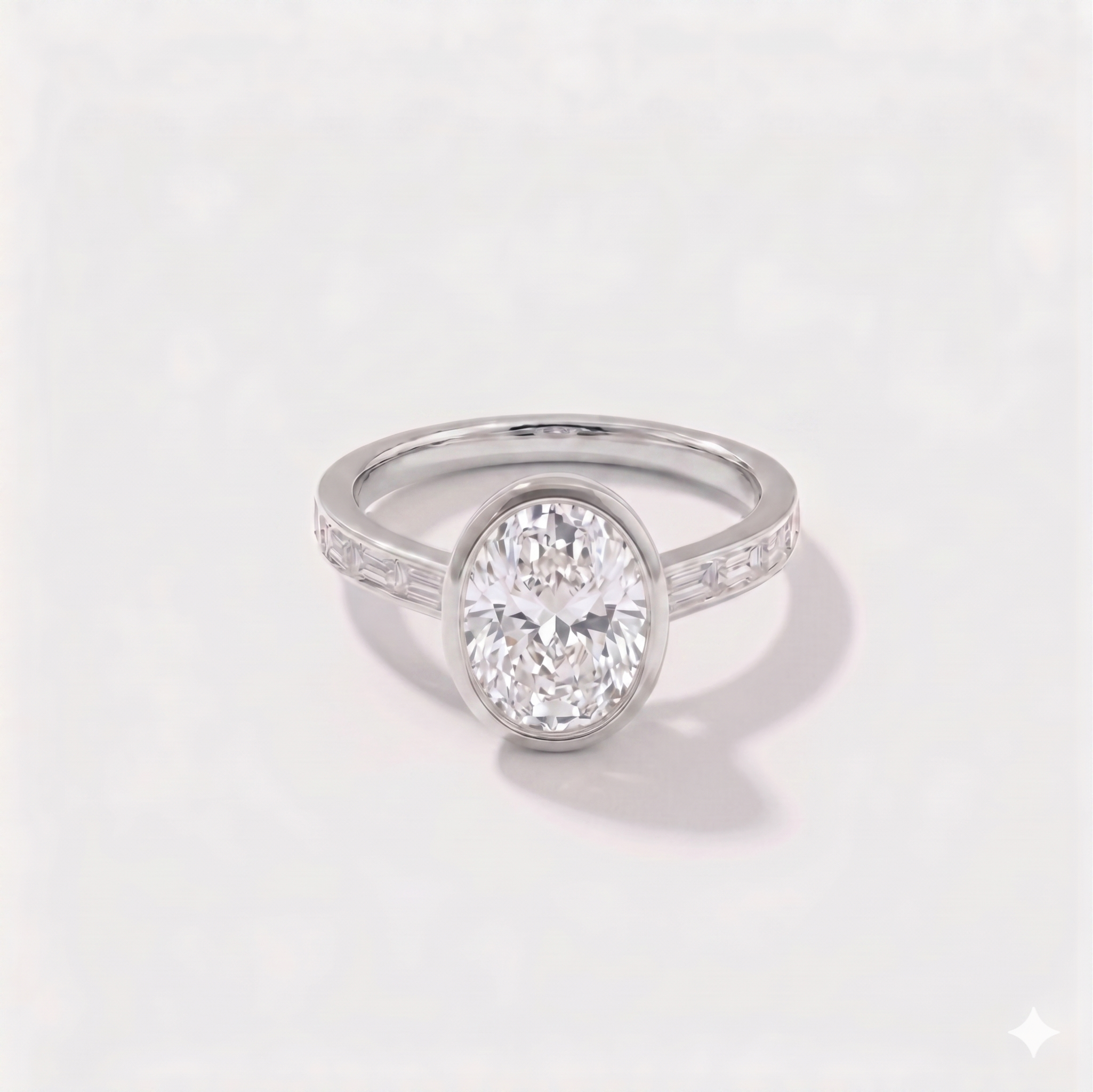 Oval bezel channel set solitaire lab-grown diamond engagement ring in 14K white gold by Cove Fine Jewelry