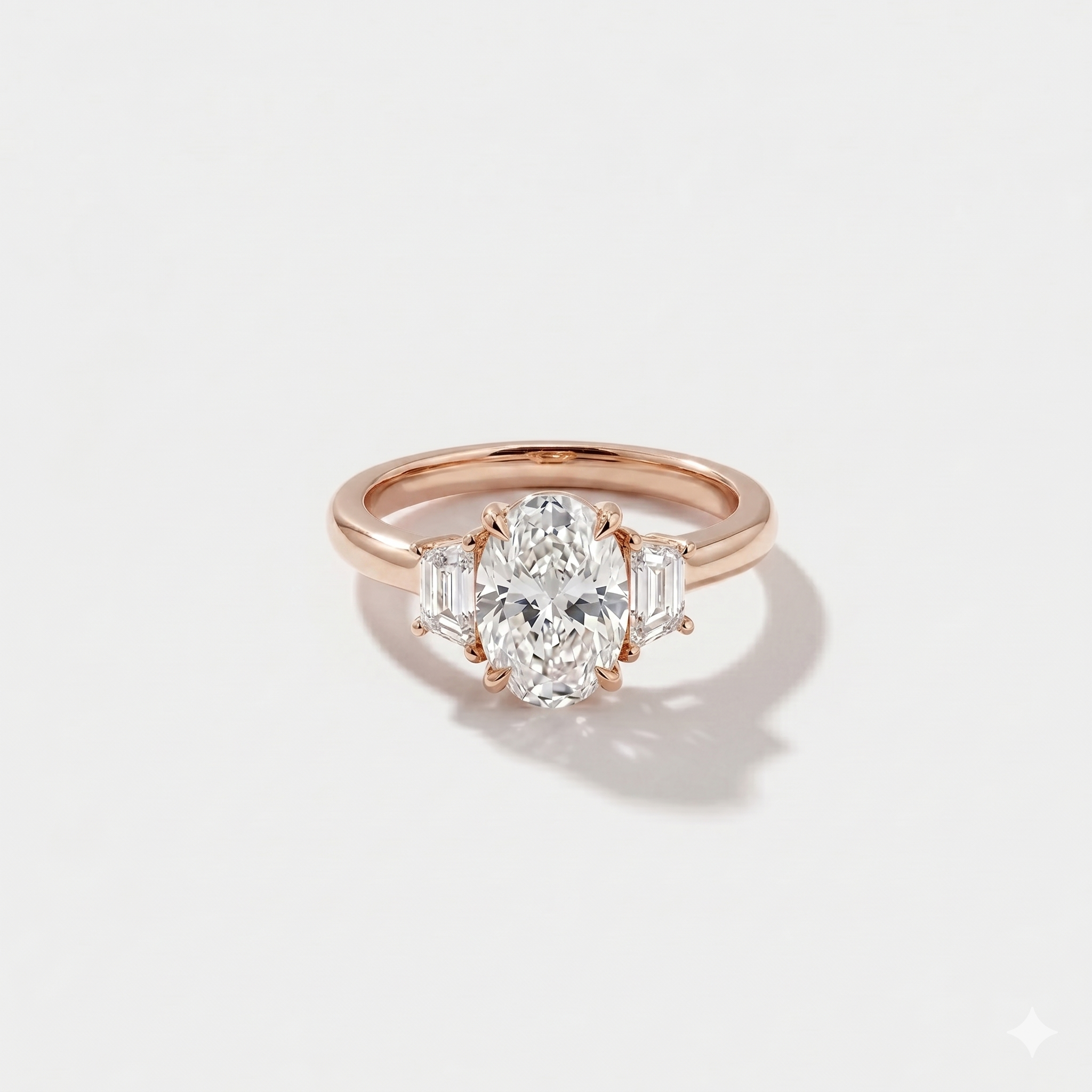 Oval three stone lab-grown diamond engagement ring in 14K rose gold by Cove Fine Jewelry