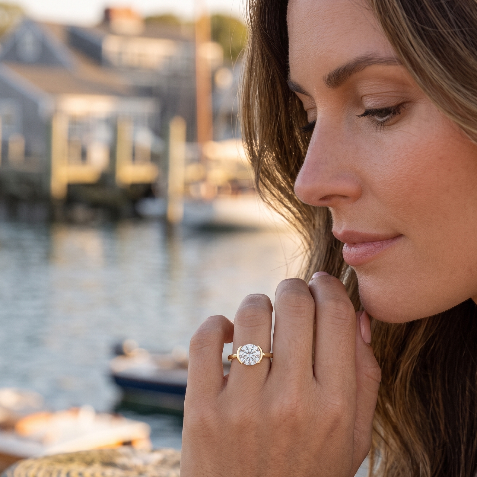 Close-up of round half bezel solitaire lab-grown diamond engagement ring setting