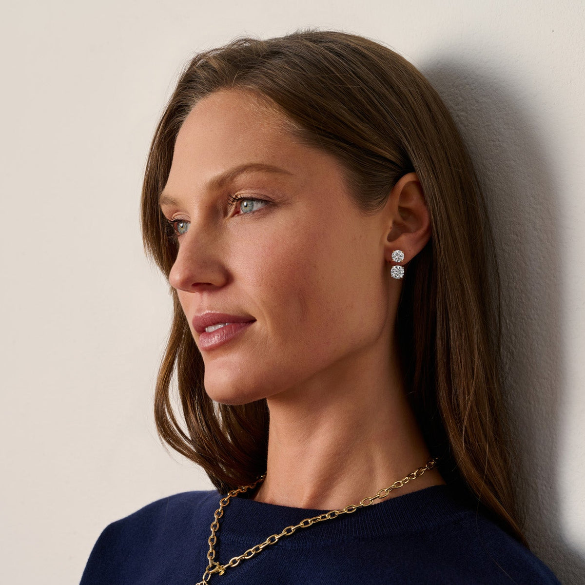 Round lab-grown diamond drop ear jackets in 14k yellow gold with round brilliant diamonds.