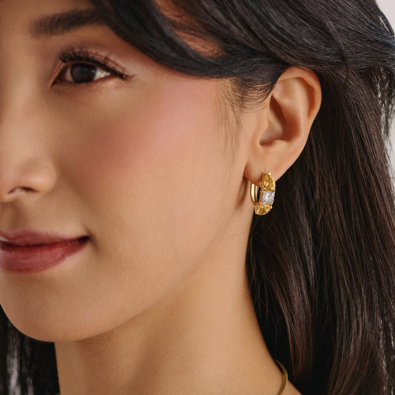 Citrine November birthstone diamond hoop earrings in 14k gold, featuring warm yellow gemstones and delicate diamond accents in an elegant fine jewelry design
