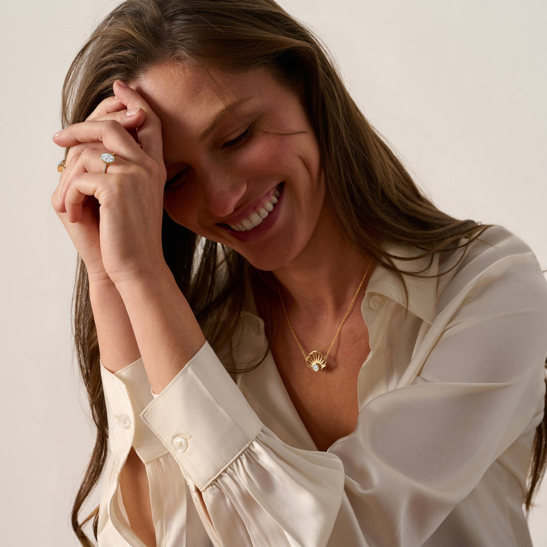 14K gold diamond necklace worn on model 