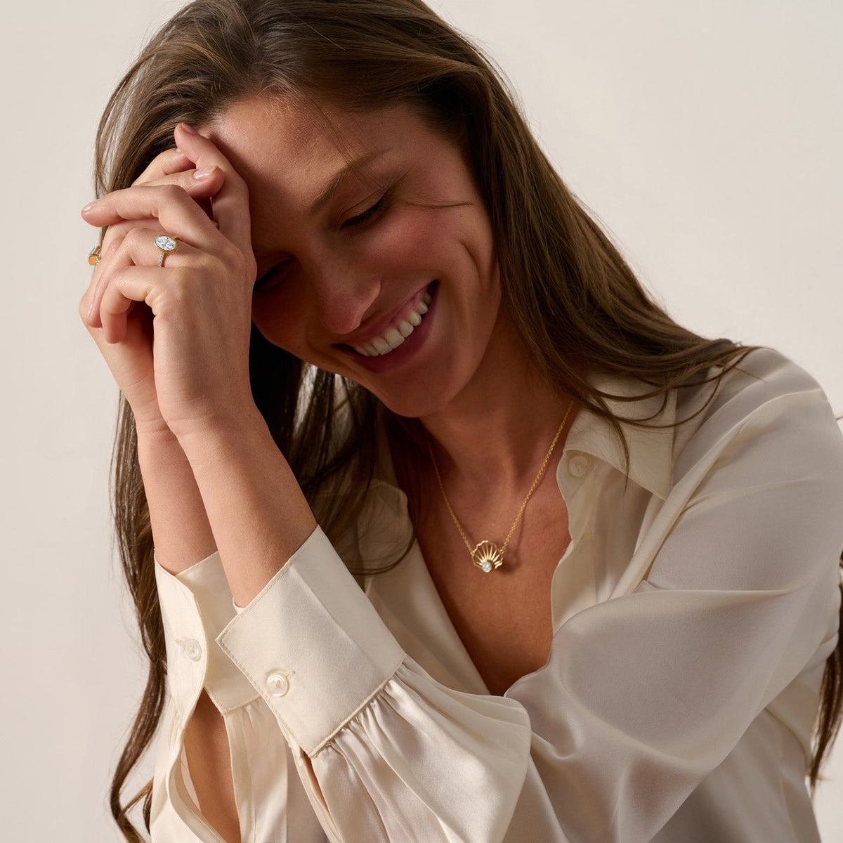 14K gold diamond necklace worn on model 