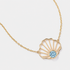 Natural aquamarine scallop necklace in solid 14k gold with an open shell design and adjustable gold chain.