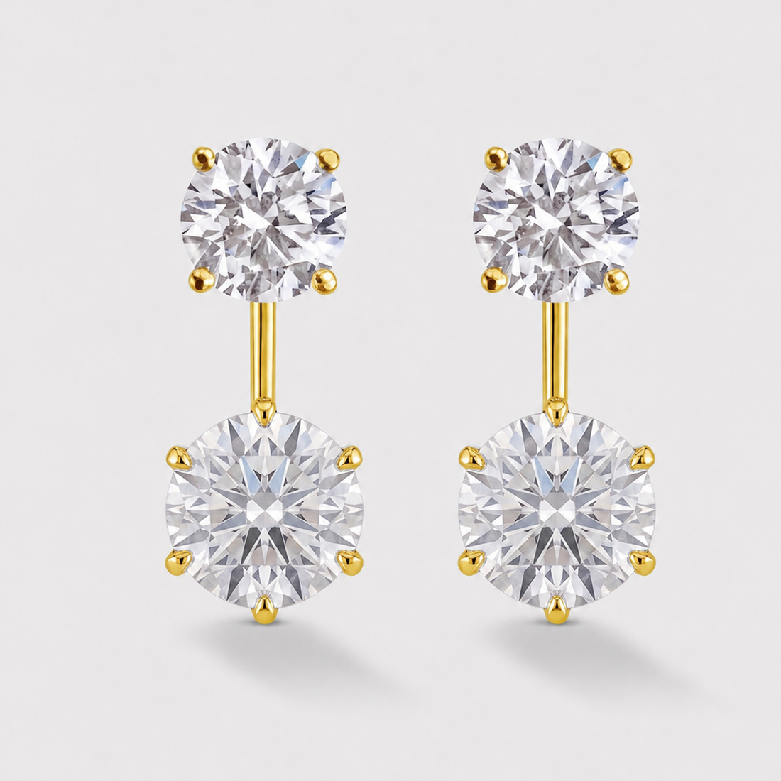 4 carat round lab-grown diamond earring jackets in 14K yellow gold with adjustable two-hole drops