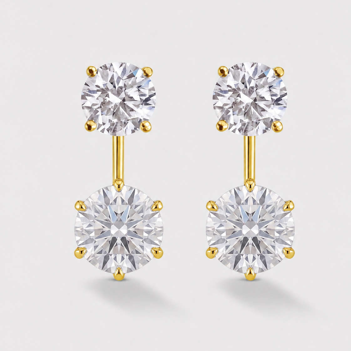 4 carat round lab-grown diamond earring jackets in 14K yellow gold with adjustable two-hole drops