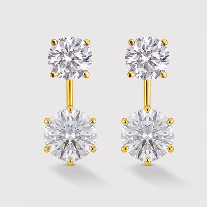 4 carat round lab-grown diamond earring jackets in 14K yellow gold with adjustable two-hole drops