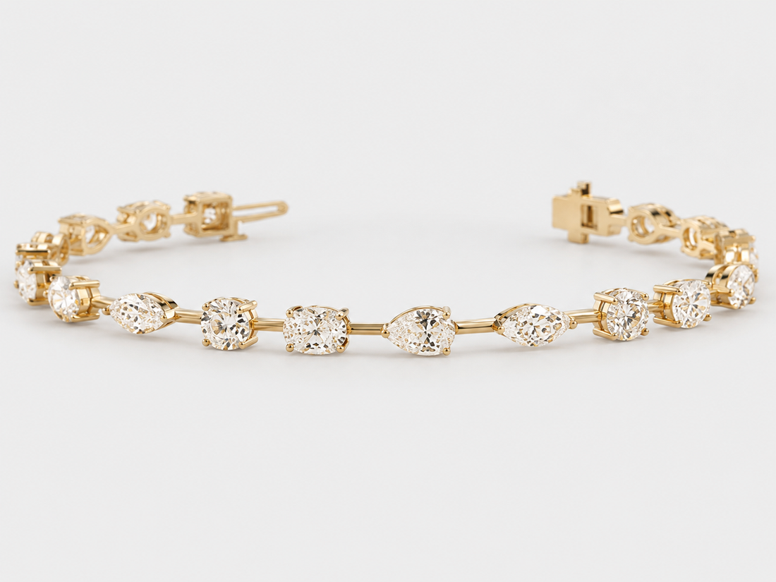 mixed-shape lab-grown diamond tennis bracelet with oval, marquise, pear and round diamonds in solid 14k gold 5 carats
