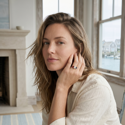 woman wearing America 250 jewelry. 