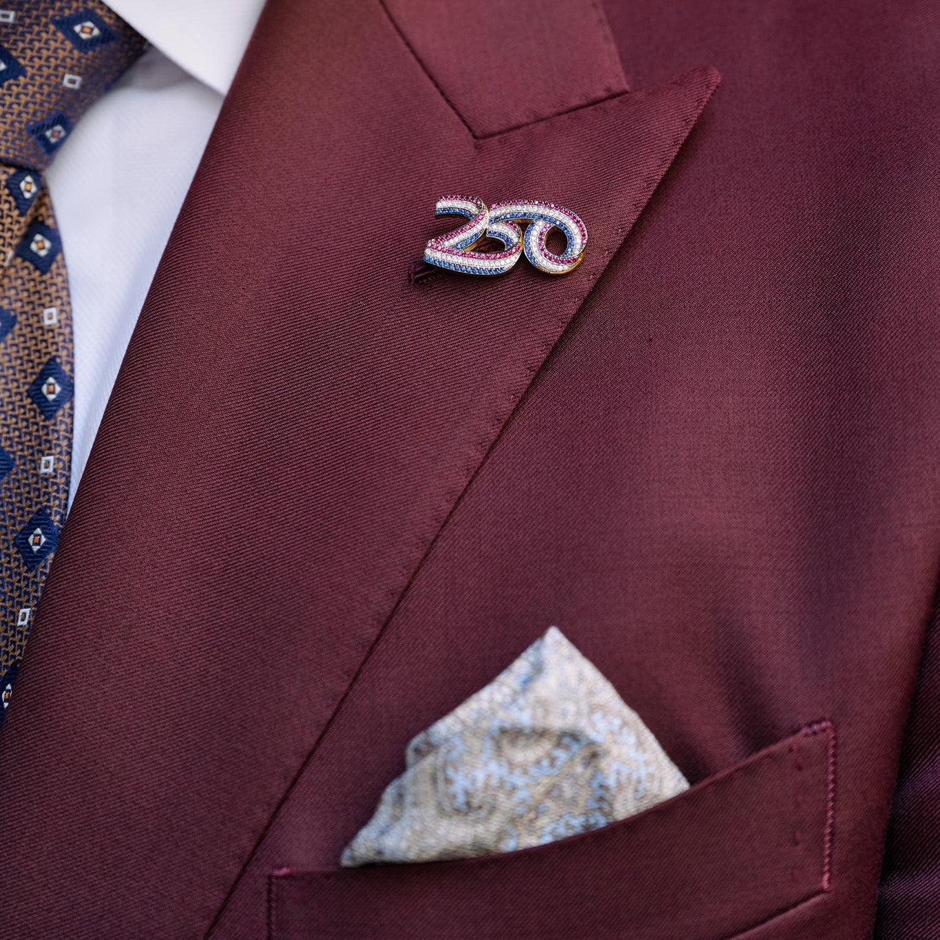 Man wearing america250 accessories. 