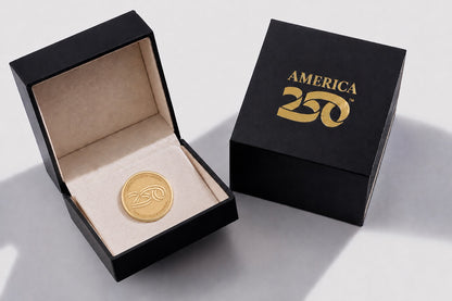 Official America250™ commemorative gold lapel pin featuring patriotic design and anniversary branding for America&