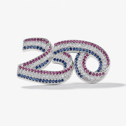 Official America250™ white gold lapel pin with ruby, sapphire, and diamond pavé design, commemorating America&