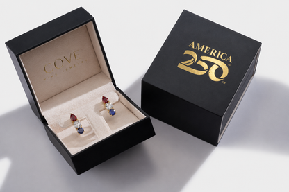 America250™ Signature Gemstone Hoop Earrings in 14K Yellow Gold featuring lab-grown diamonds, rubies, and sapphires, handcrafted in the USA.