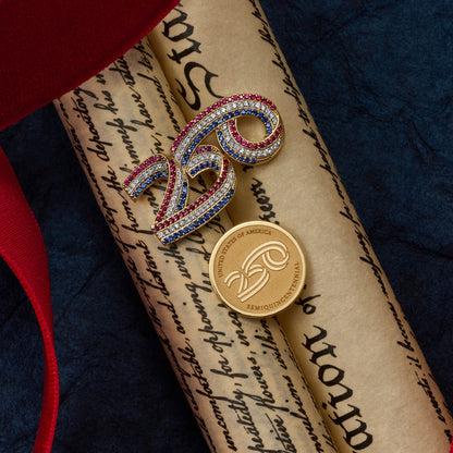 Official America250™ lapel pin in solid 14K gold featuring the America250 logo, handcrafted in the USA.