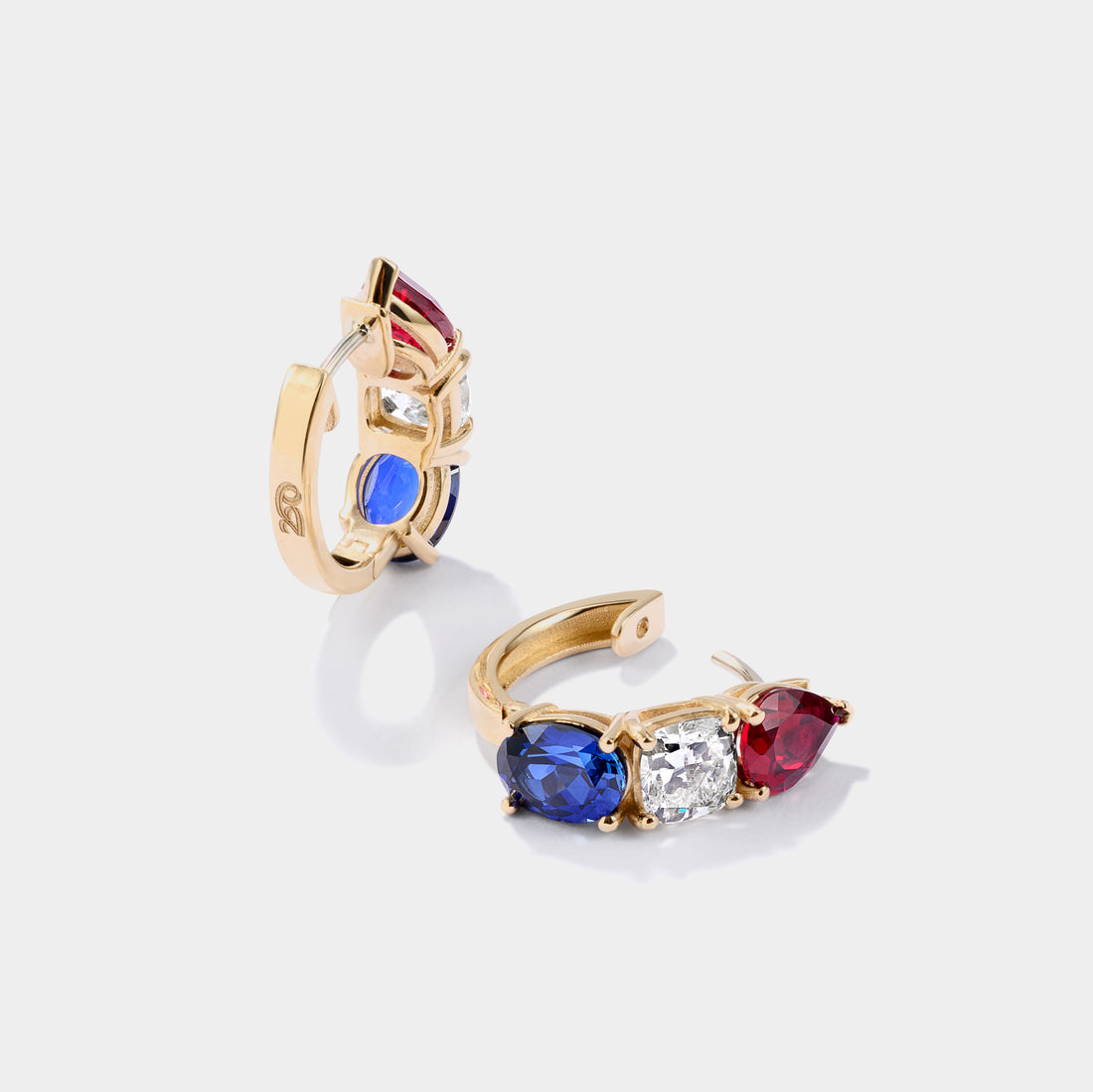 Officially licensed America250™ fine jewelry earrings in 14K gold with diamonds, rubies, and sapphires, made in the USA.