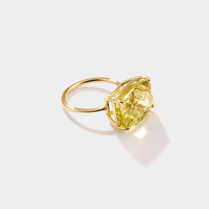 Large lime quartz signature ring set in 14k gold with cushion cut green gemstone