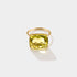 Close up of lime quartz checkerboard cut gemstone ring in 14k gold