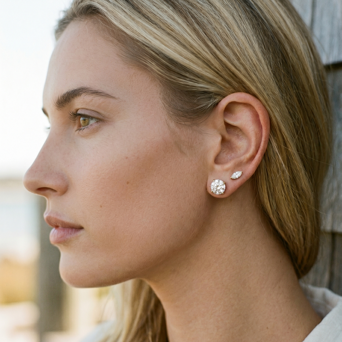 Earring stack with marquise stud earring in second hole
