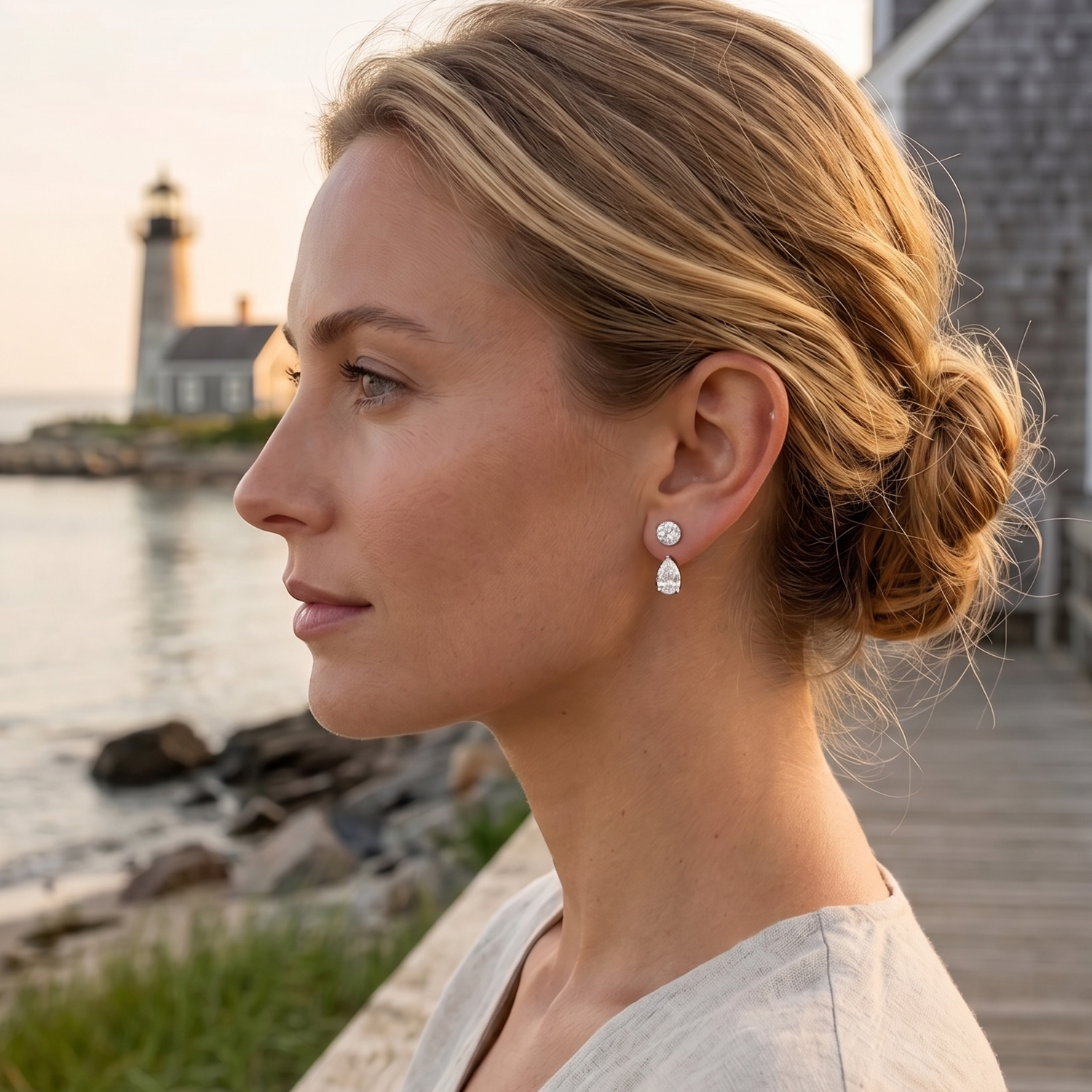 Model wearing pear-shaped lab-grown diamond earring jackets with diamond studs