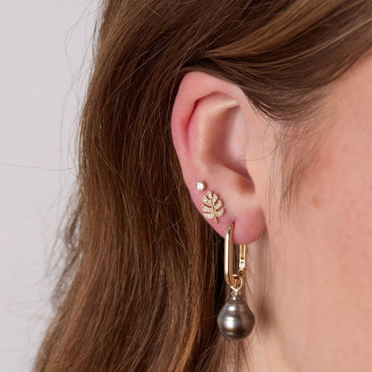 Monstera Earrings Tahitian Pearl Gold Earrings