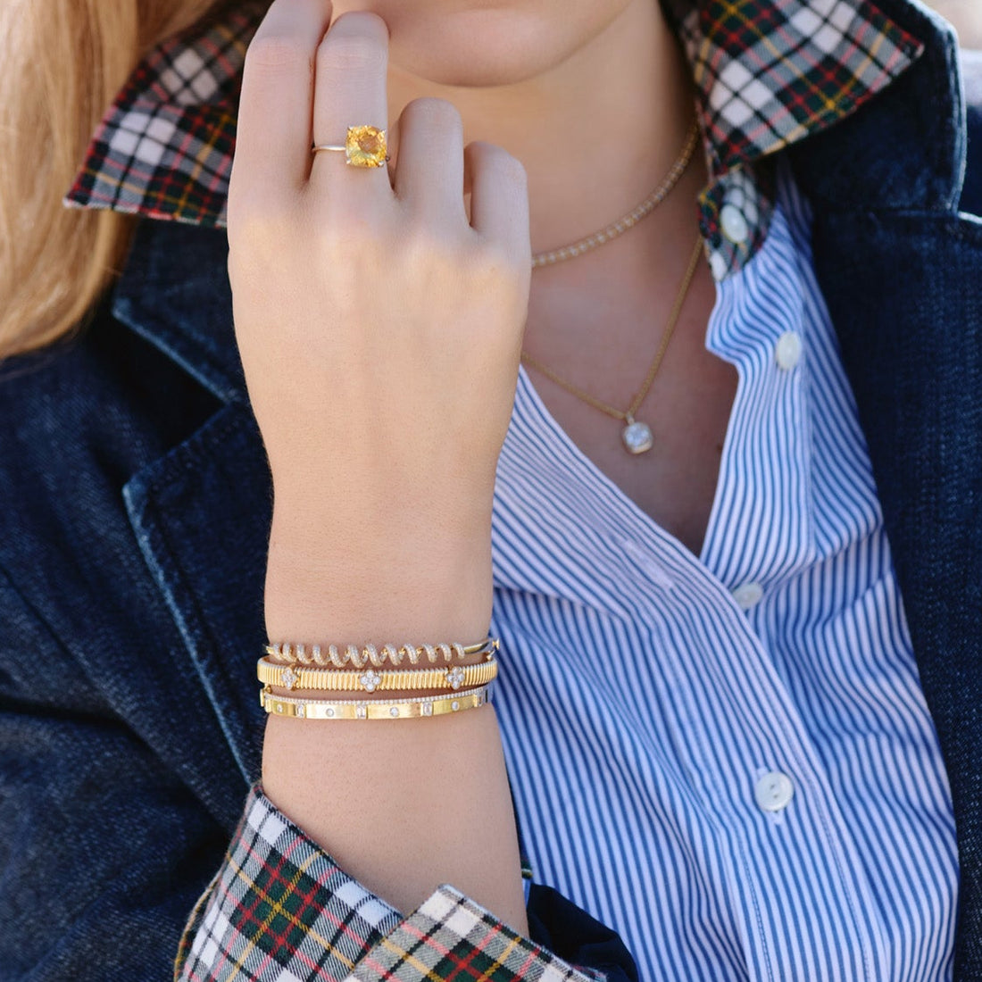 Ribbed Bangle Bracelet with Diamonds
