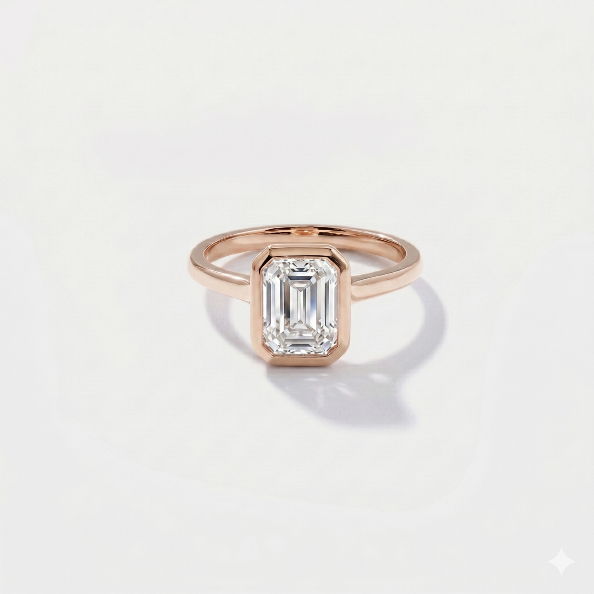 Emerald cut bezel solitaire lab-grown diamond engagement ring in 14K rose gold by Cove Fine Jewelry