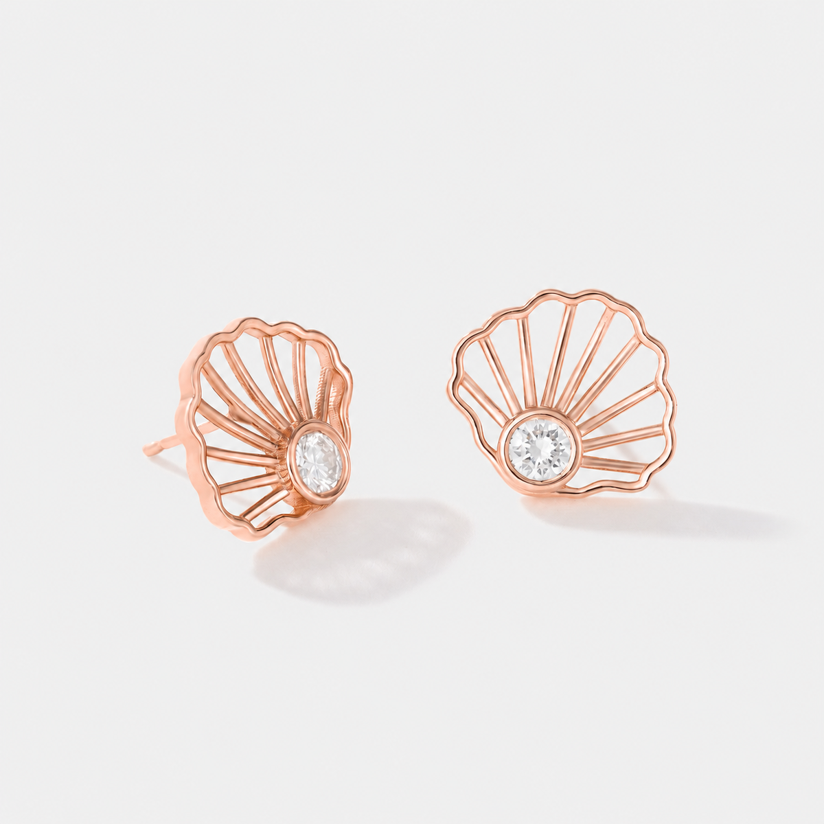 Scallop Diamond Studs in solid 14k rose gold, front product view