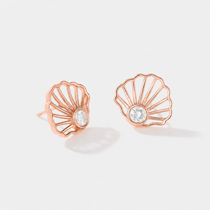 Scallop Diamond Studs in solid 14k rose gold, front product view