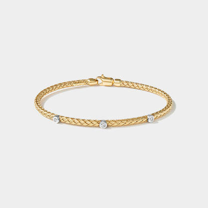 14k yellow gold seagrass bracelet with 3 lab grown diamonds and braided rope design