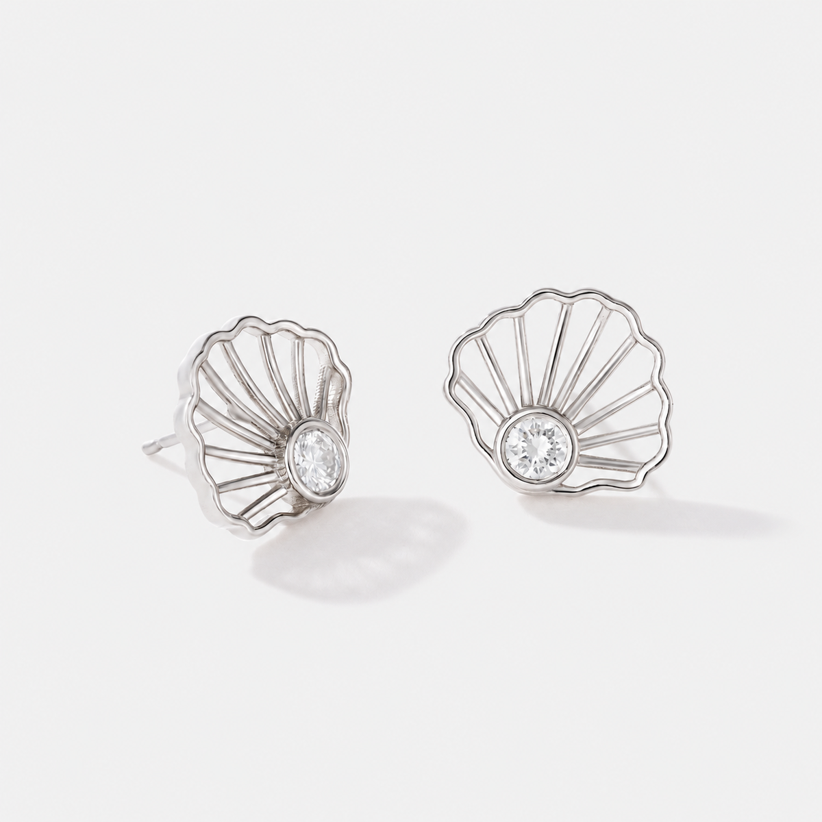 Scallop Diamond Studs in solid 14k white gold, front product view