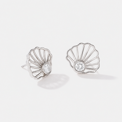 Scallop Diamond Studs in solid 14k white gold, front product view