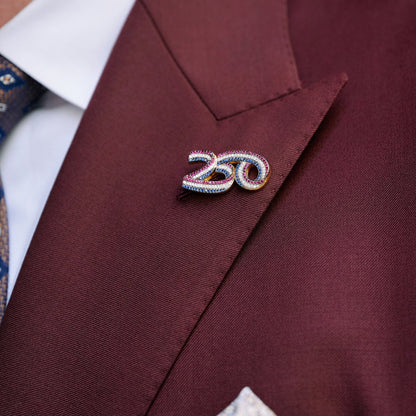 America250 commemorative fine jewelry pin with diamond, ruby and sapphire gemstones handcrafted in New York City