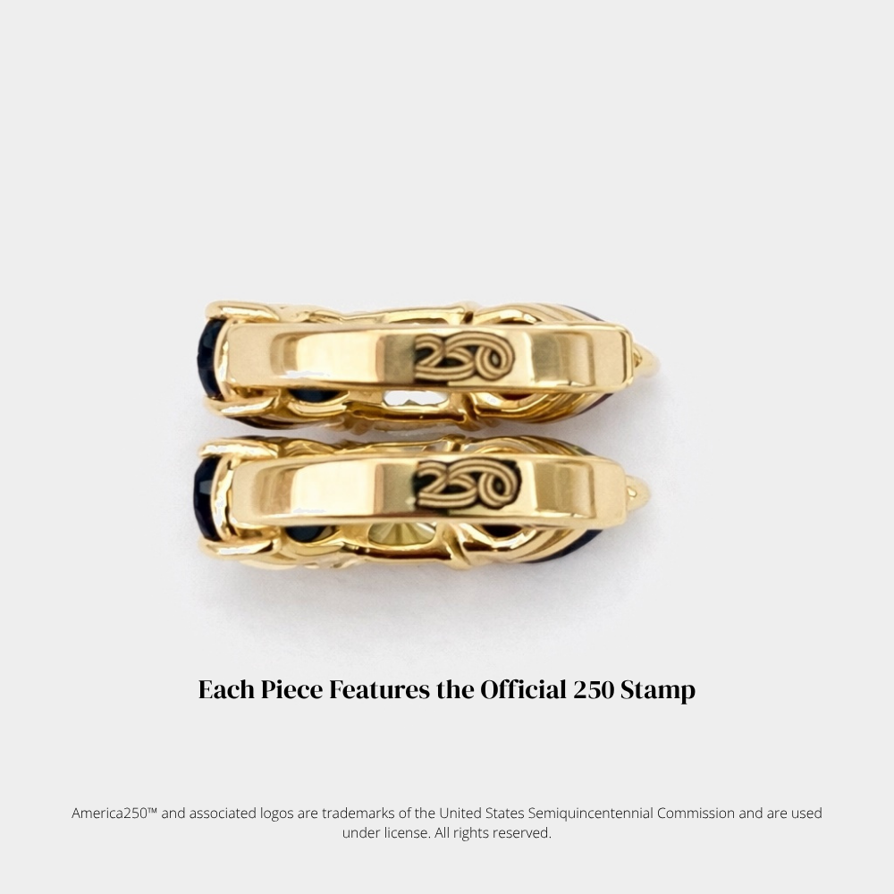Solid gold America250 hoop earrings featuring cushion cut diamonds and patriotic gemstones styled on model for luxury fine jewelry branding.
