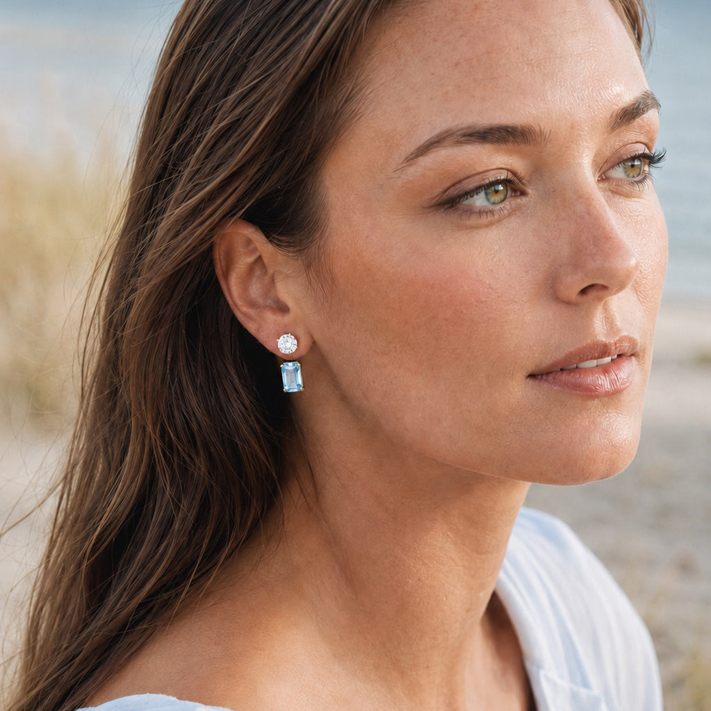 Emerald-cut natural aquamarine earrings in 14k gold