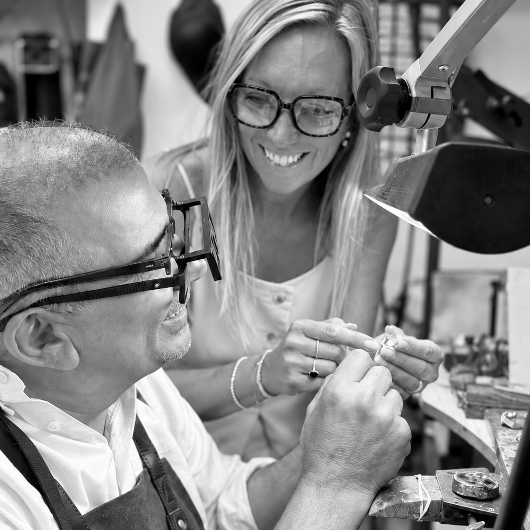 Cove Fine Jewelry founder and designer Alyson Iarrusso collaborating with a master jeweler at the bench