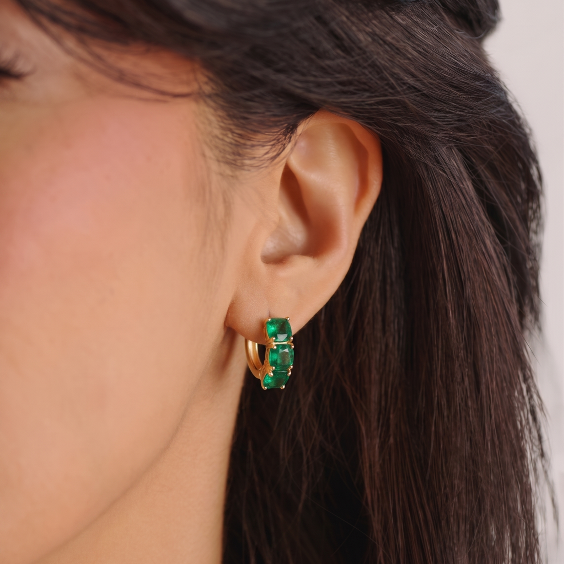 Ebb Tide cushion cut emerald hoop earrings in 14k gold with lab-grown emerald and diamond accents