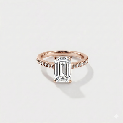 Emerald cut cathedral halo lab-grown diamond engagement ring in 14K rose gold by Cove Fine Jewelry