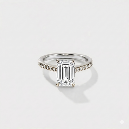 Emerald cut cathedral halo lab-grown diamond engagement ring in 14K white gold by Cove Fine Jewelry