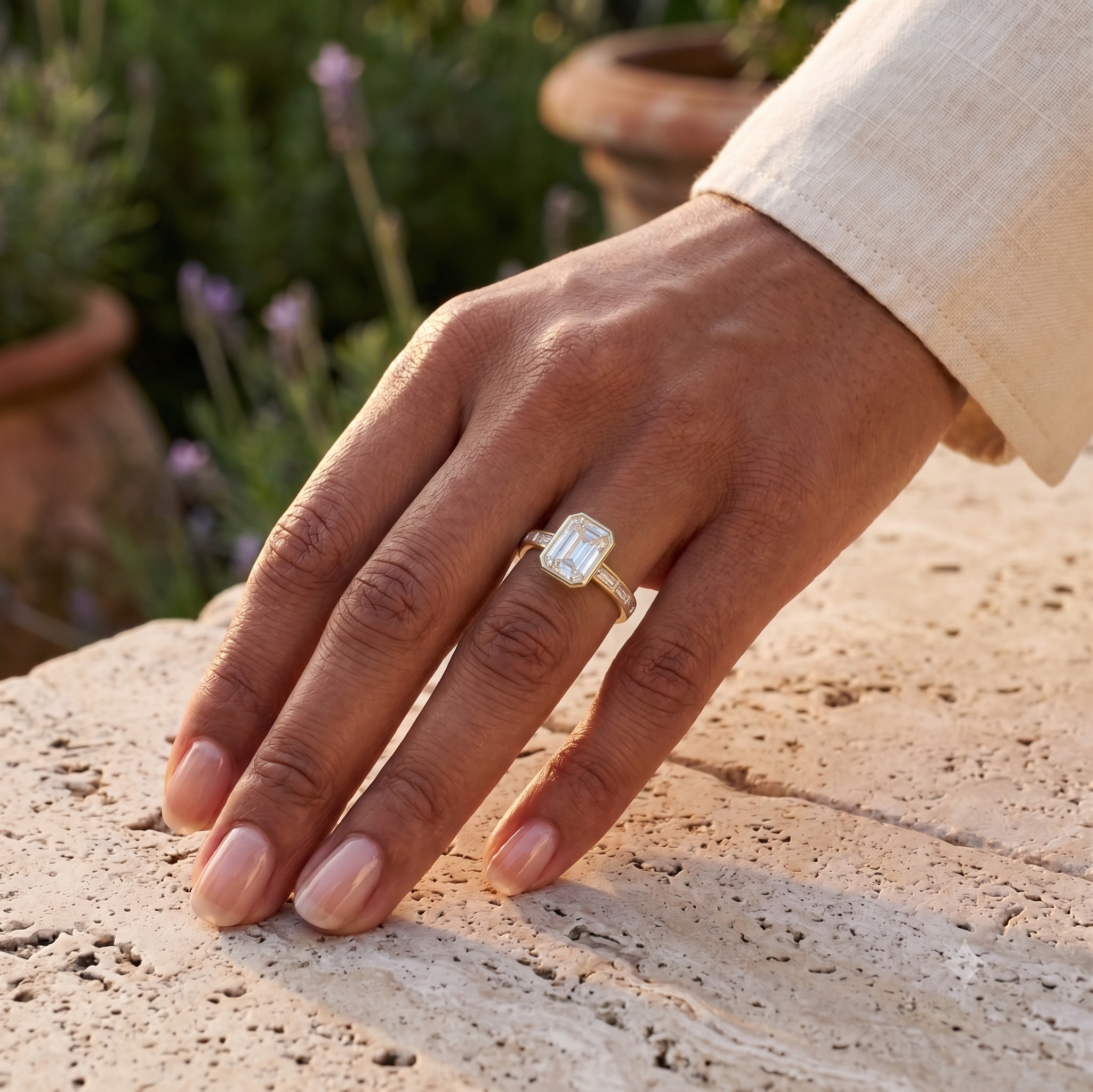 Close-up of emerald cut channel set solitaire engagement ring handcrafted by Cove Fine Jewelry