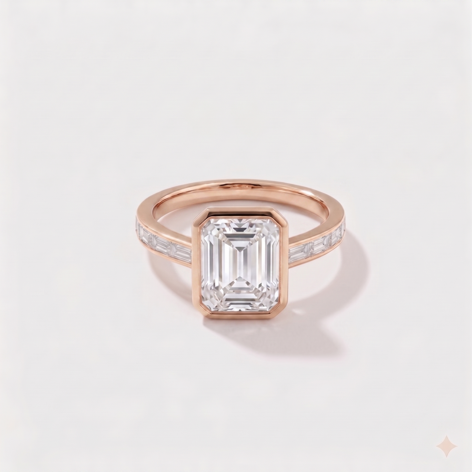 Emerald cut channel set solitaire lab-grown diamond engagement ring in 14K rose gold by Cove Fine Jewelry