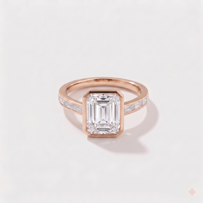 Emerald cut channel set solitaire lab-grown diamond engagement ring in 14K rose gold by Cove Fine Jewelry